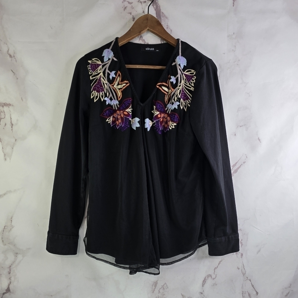 eshakti Top Womens Large 14 Black Floral Embroidered Mesh Pleated Long Sleeve V